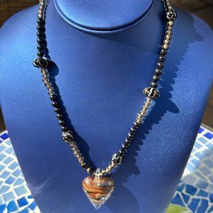 Women NWOT Handmade Copper Art Glass Heart Pendant Black Beaded Necklace